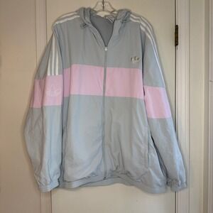 Adidas 2XL Windbreaker Jacket Blue Pink Colorblock 3 Stripe Logo Womens